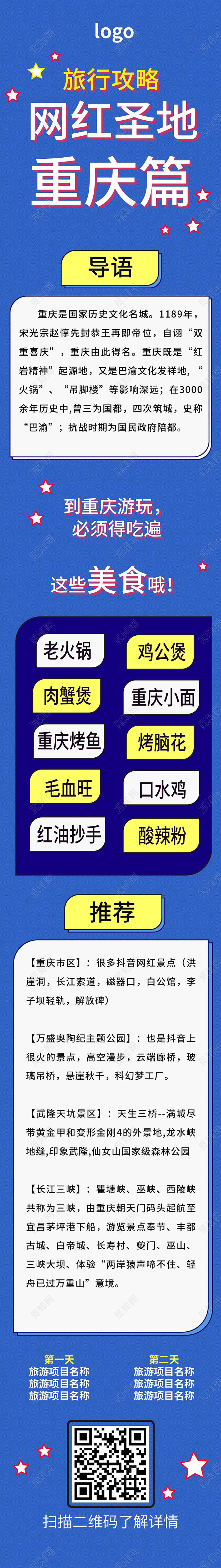 蓝色卡通风格旅行攻略网红圣地重庆篇手机长图设计重庆旅游手机长图