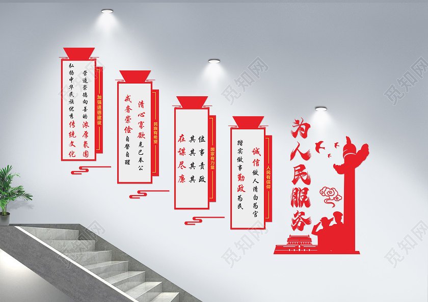 红色创意中国风为人民服务党建楼梯文化墙