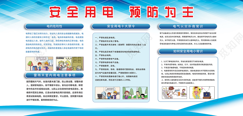 蓝色大气安全用电预防为主宣传展板用电安全