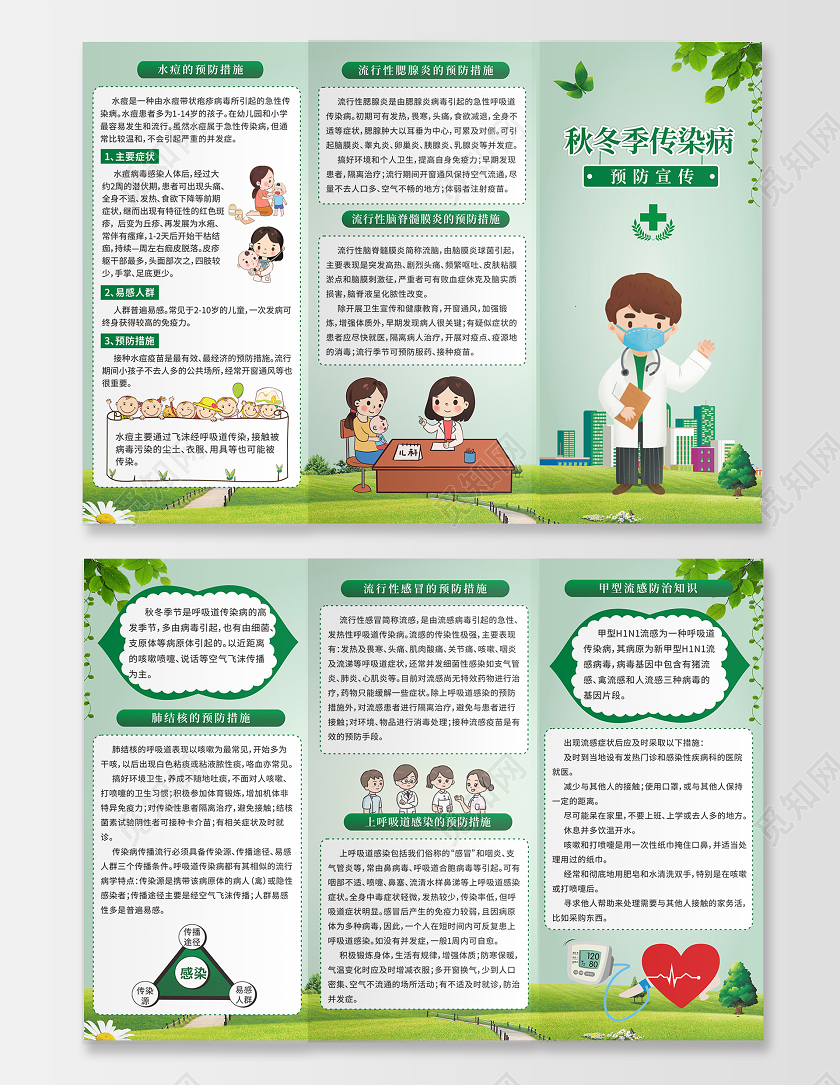 绿色小清新背景医生插画秋冬疾病预防折页宣传单秋冬季传染病预防知识三折页