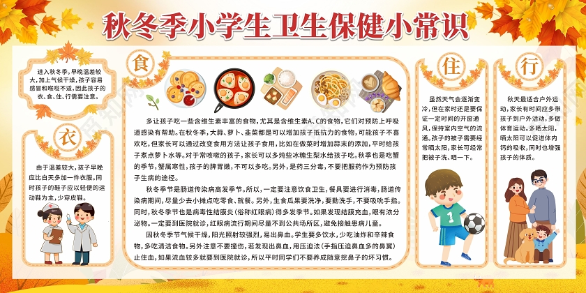 秋季枫叶背景小学生校园健康保健知识教育宣传栏秋冬季