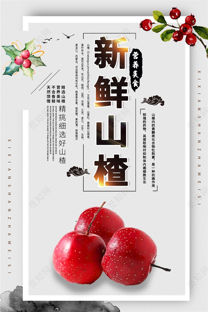 灰色复古风新鲜山楂山楂水果宣传海报
