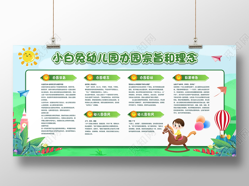 绿色卡通可爱幼儿园办园宗旨理念宣传展板幼儿园展板