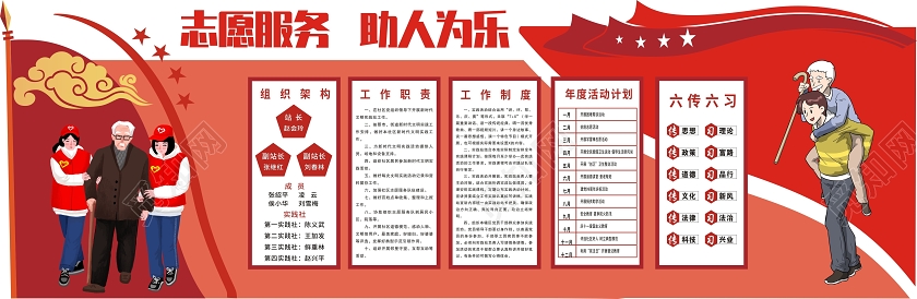 红色创意志愿服务助人为乐志愿者文化墙