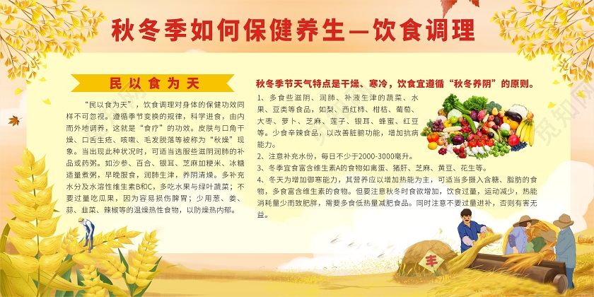黄色卡通秋冬季如何保健养生饮食调理秋冬季展板