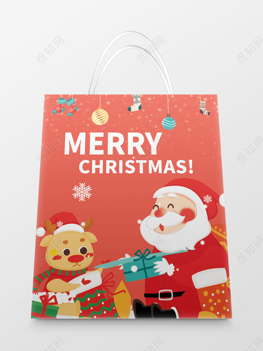 红色卡通圣诞快乐手提袋圣诞包装手提袋