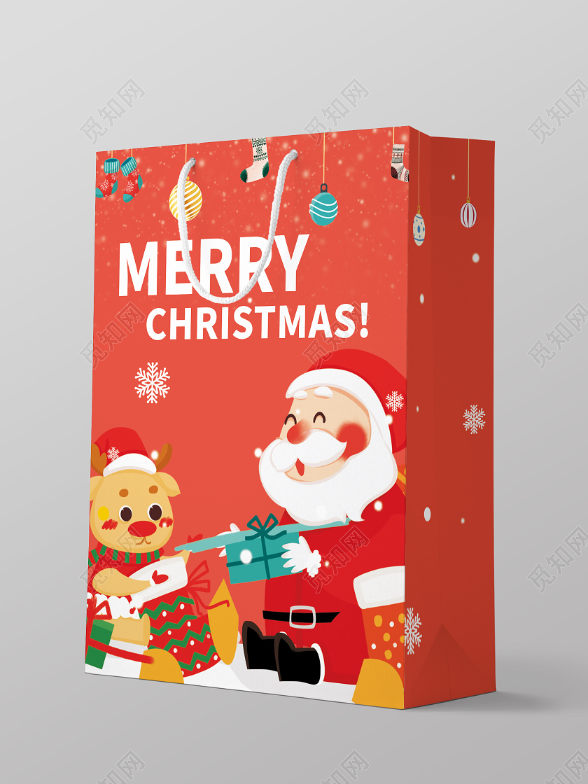 红色卡通圣诞快乐手提袋圣诞包装手提袋