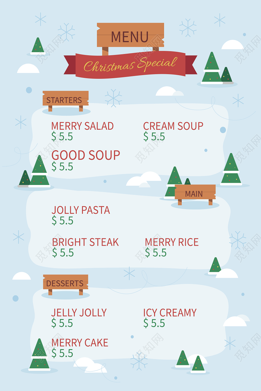 蓝色卡通清新圣诞节菜单海报