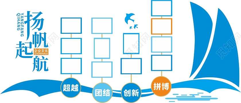蓝色创意剪纸风扬帆起航文化墙