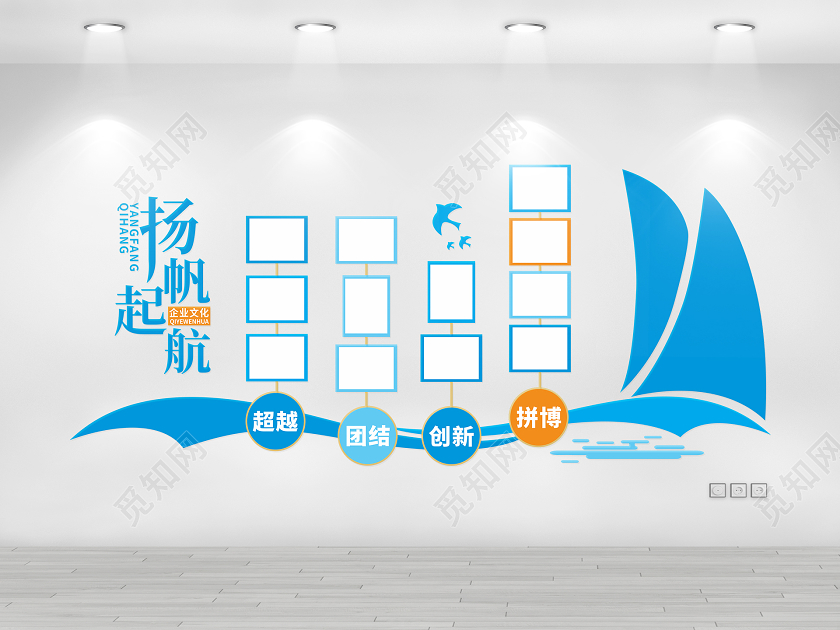 蓝色创意剪纸风扬帆起航文化墙