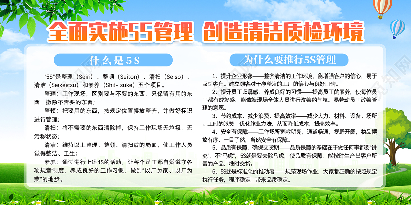 蓝天草地全面实施5S管理创造清洁质检环境5S展板5s