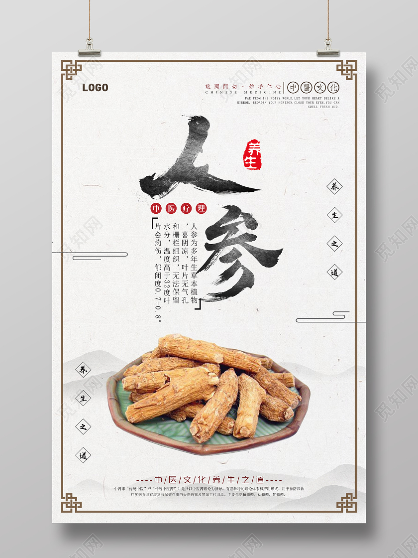 灰色国风中药人参宣传海报