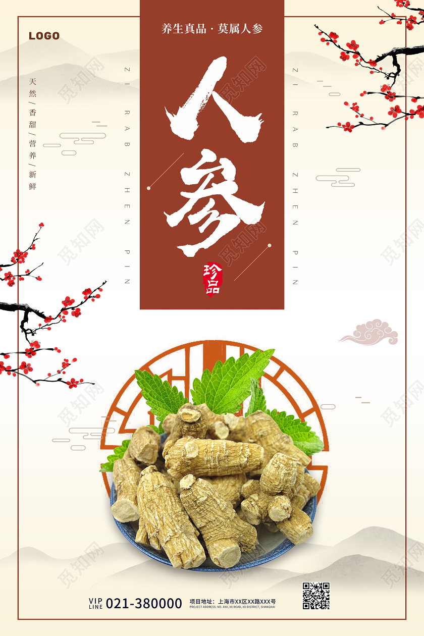 灰色国风中药人参宣传海报