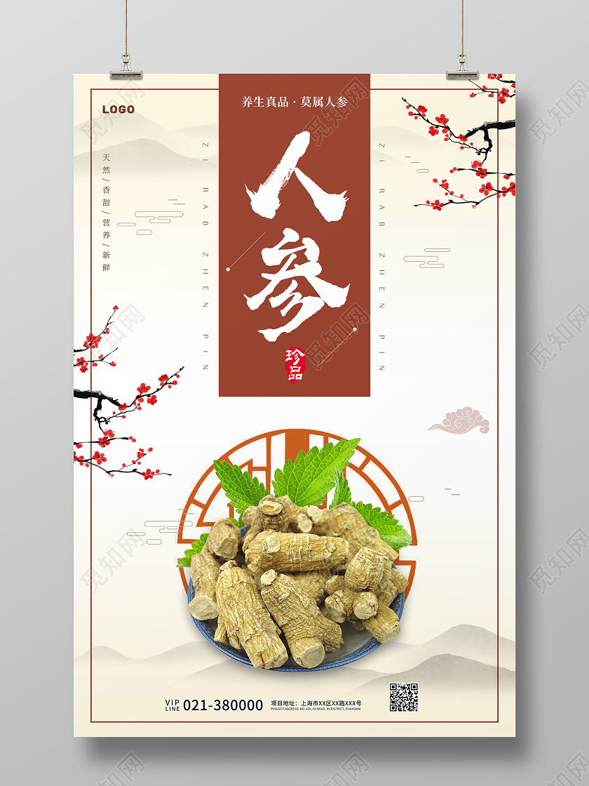 灰色国风中药人参宣传海报