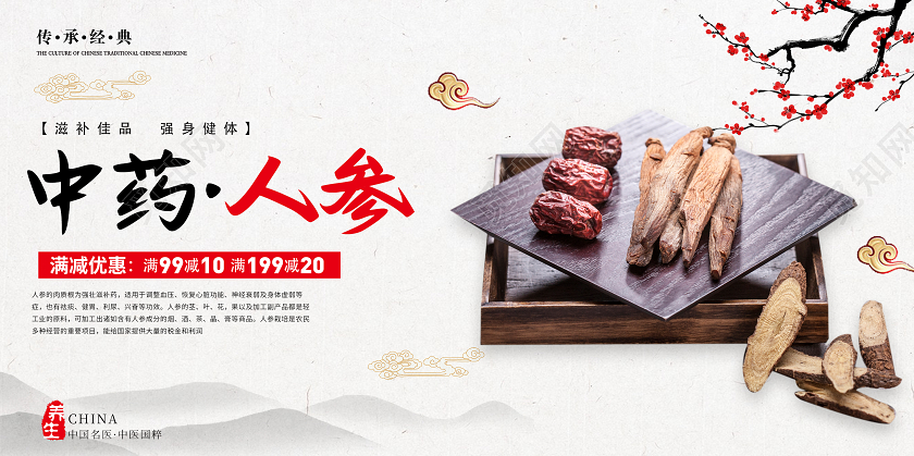 灰色国风中药人参宣传展板