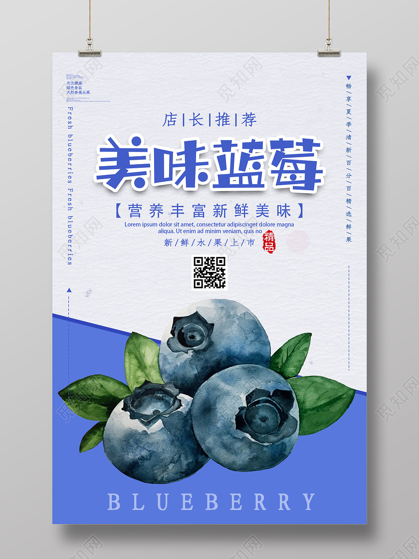蓝色插画美味蓝莓水果海报