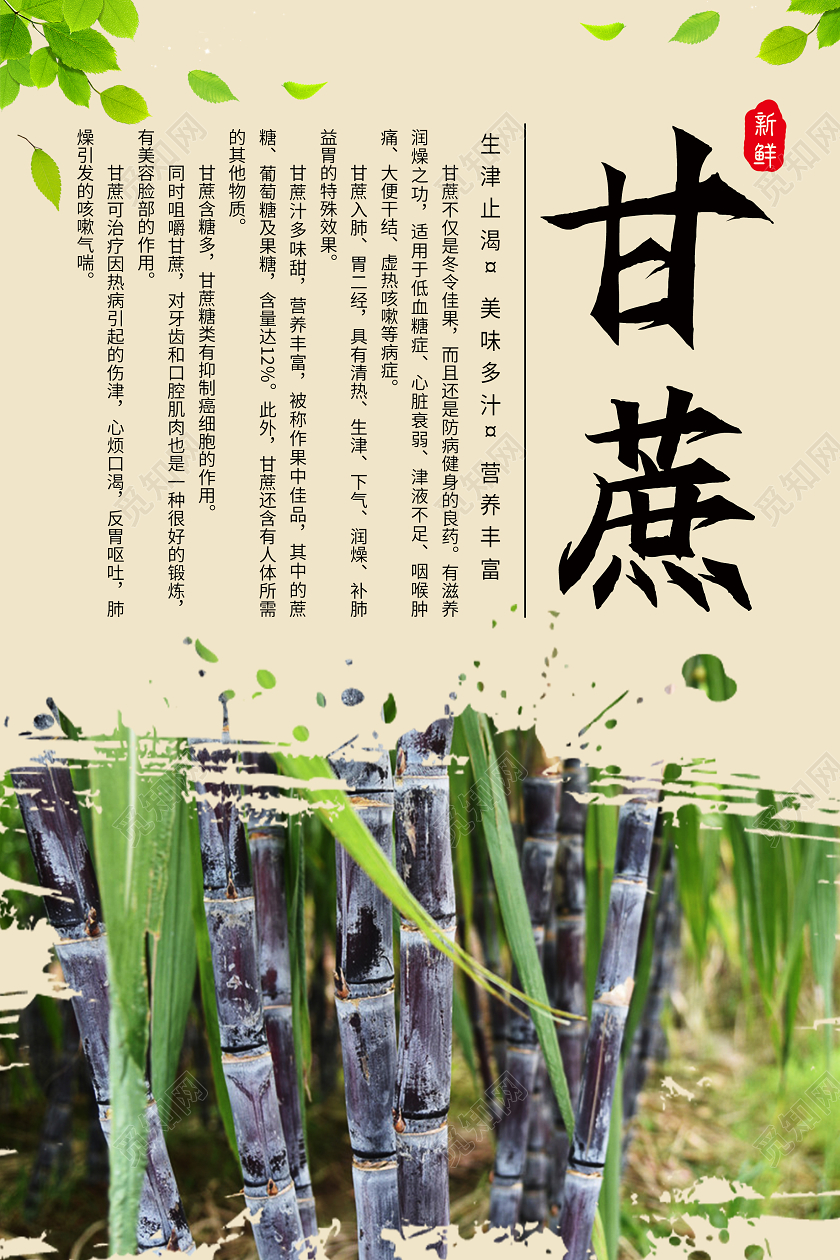 黄色简约新鲜甘蔗美食海报