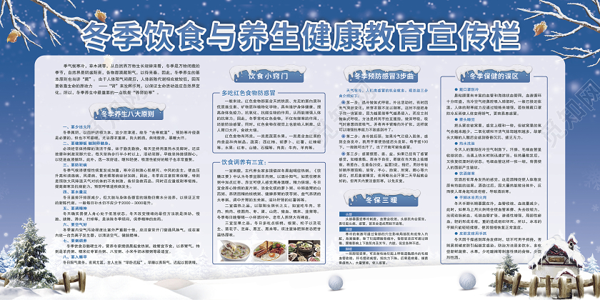 蓝色简约冬季饮食与养生健康教育宣传栏冬季健康教育
