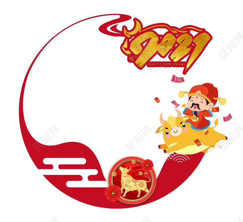 红色创意卡通风2021新年牛年拍照框