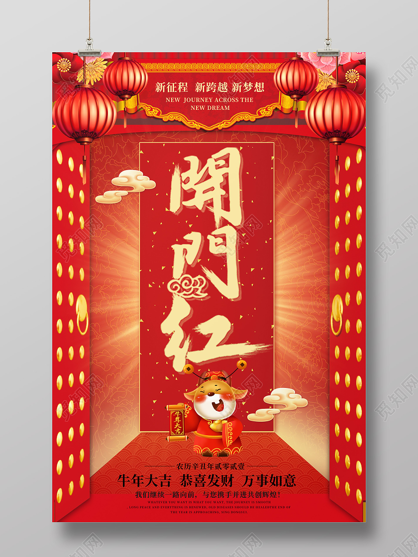 红色中国风牛年开门红海报