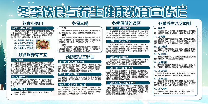 蓝色冬季饮食与养生健康教育宣传栏冬季安全宣传栏