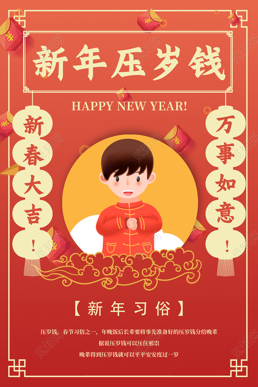 红色简约新年压岁钱春节习俗海报