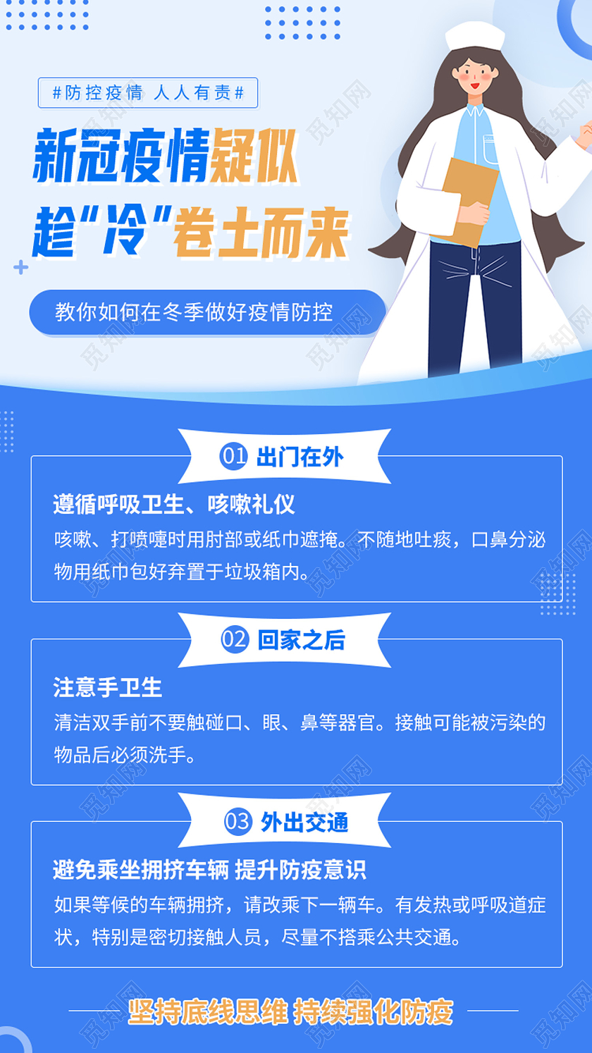 蓝色卡通新冠疫情疑似趁冷卷土而来冬季防疫手机海报