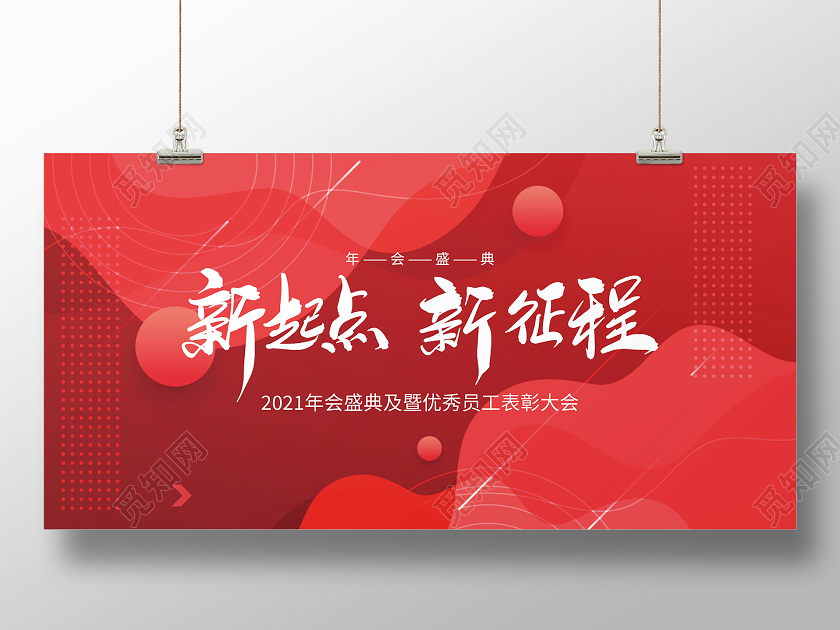 红色简约大气2021年会新起点新征程年会展板