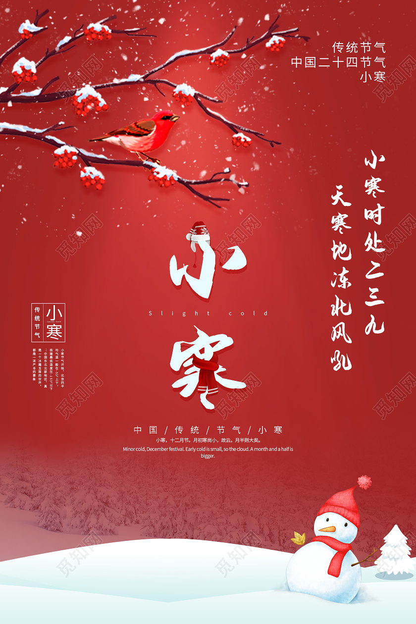 红色大气唯美二十四节气小寒海报24二十四节气小寒