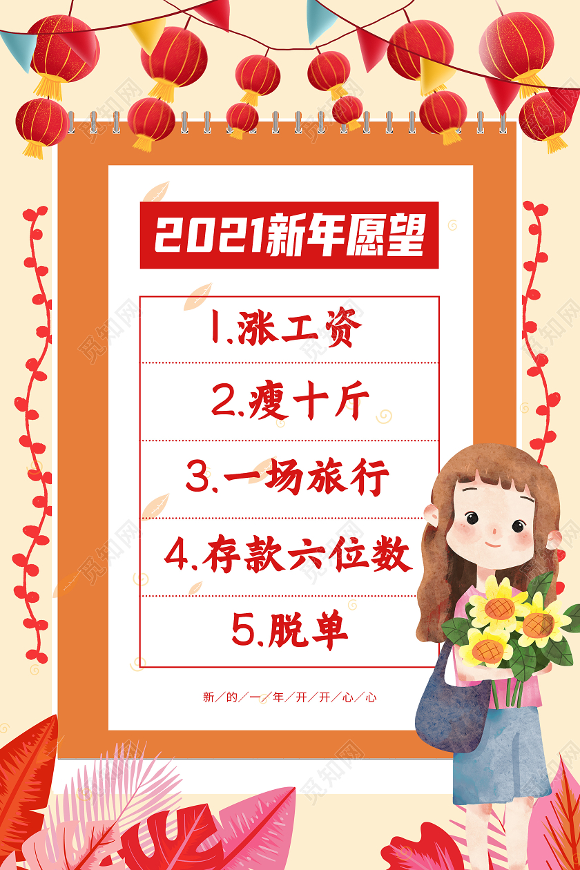 黄色卡通2021新年愿望新年愿望海报