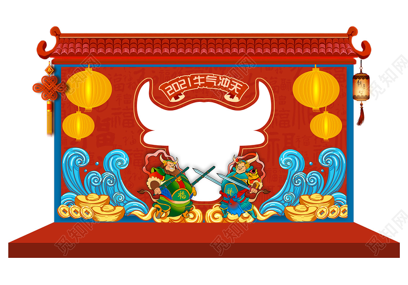 红色国潮中国风2021牛气冲天牛年拍照框新年牛年拍照框