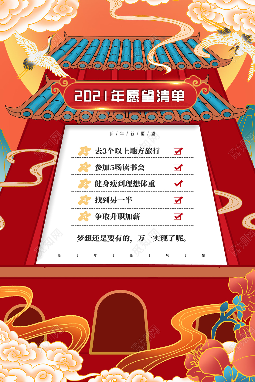 红色喜庆国潮2021年愿望清单新年愿望海报