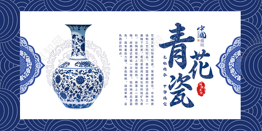 蓝色中国风青花瓷展板