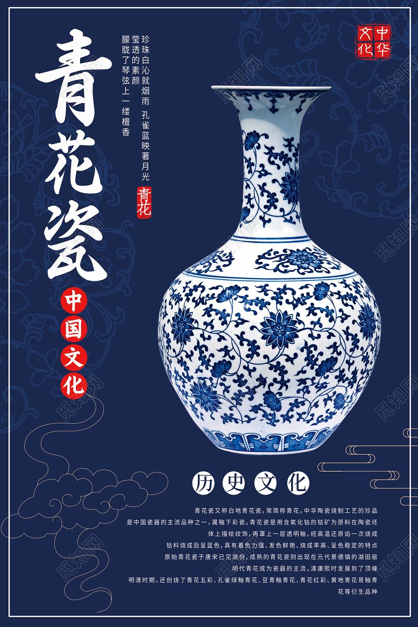 蓝色中国风青花瓷海报