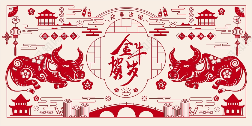 红色牛年剪纸风2021金牛贺岁新年展板春节