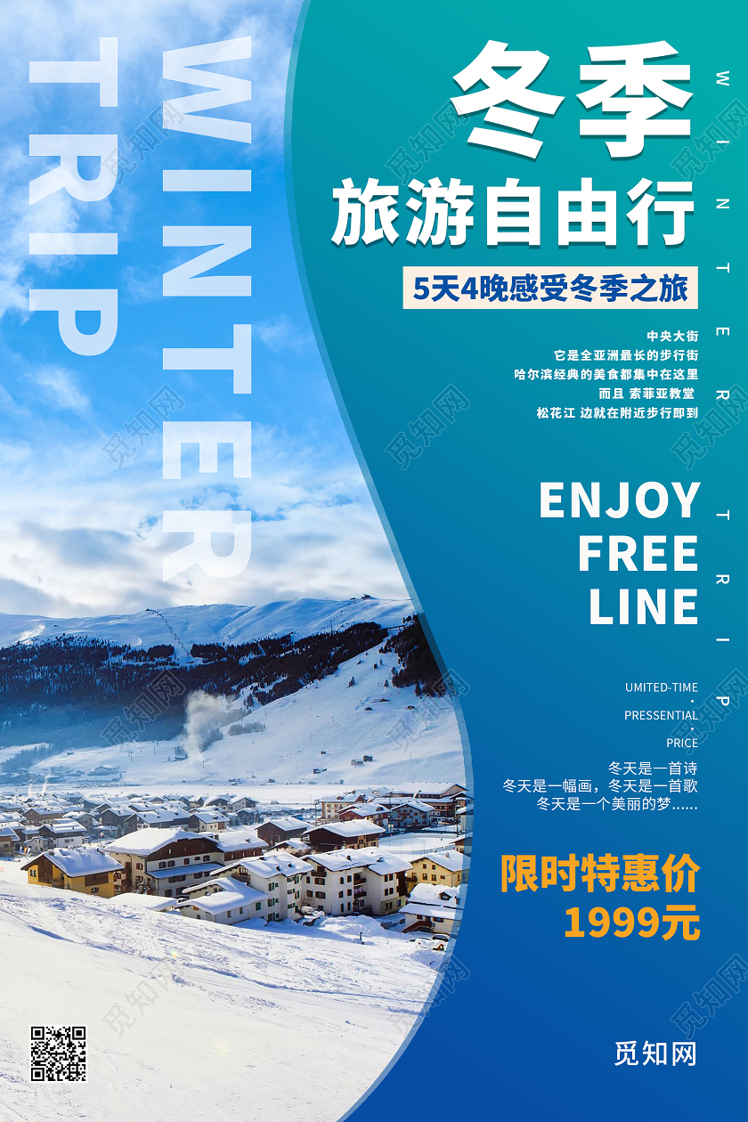 蓝色简约大气冬季旅游自由行海报冬天冬季