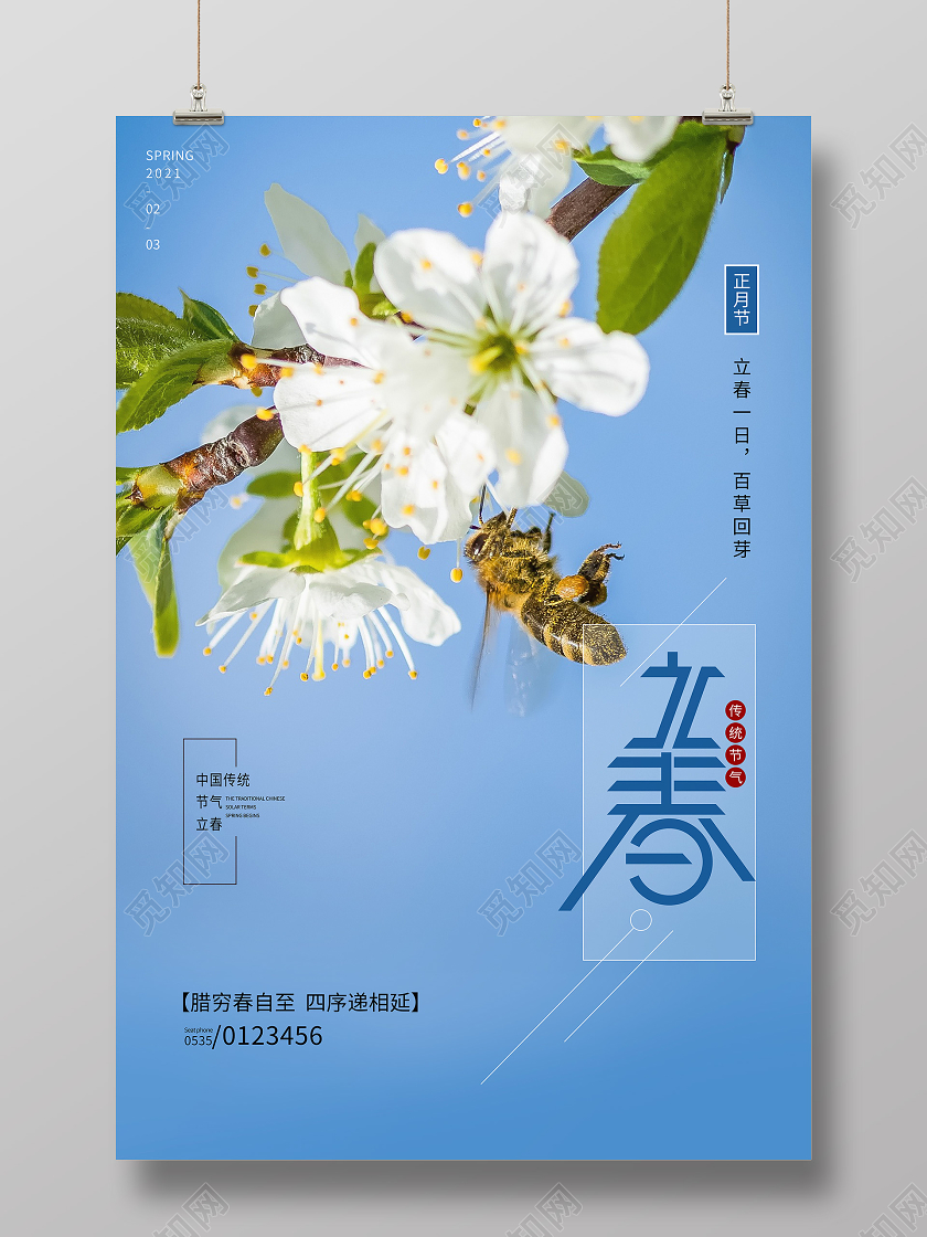 立春春天蓝色宣传中国传统24节气海报