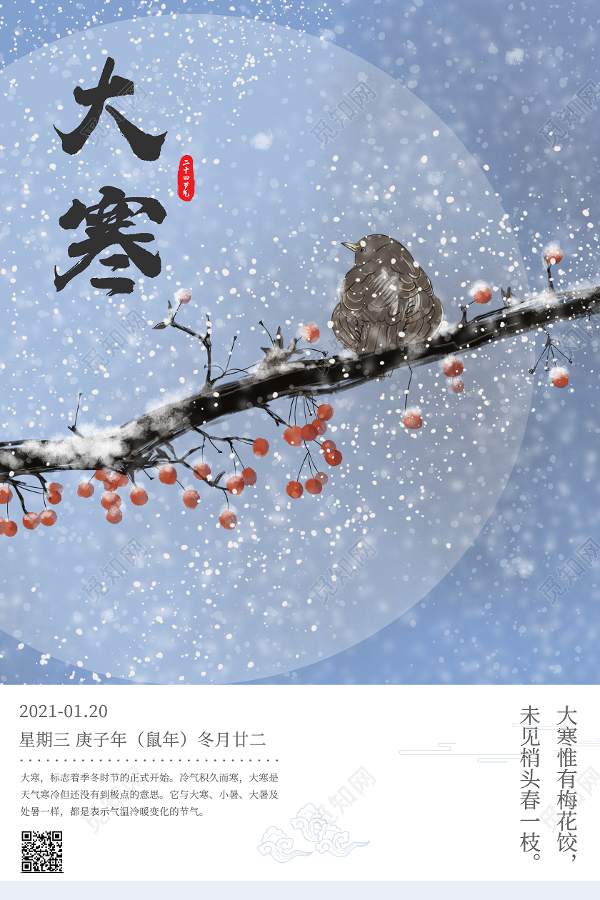 蓝色插画小寒节气宣传海报二十四节气小寒