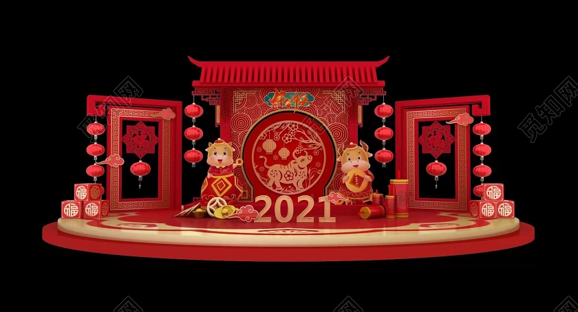 红色卡通新年美陈2021新年牛年