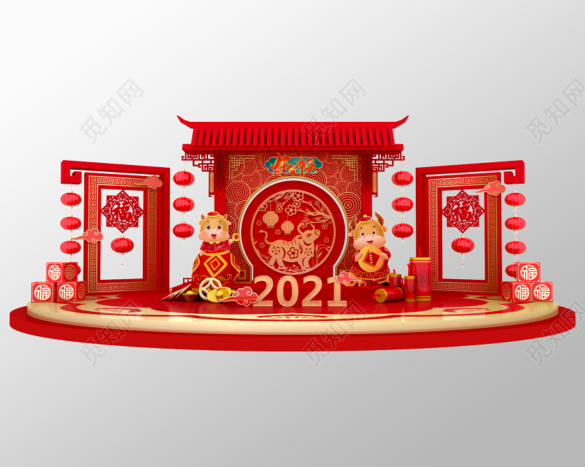 红色卡通新年美陈2021新年牛年