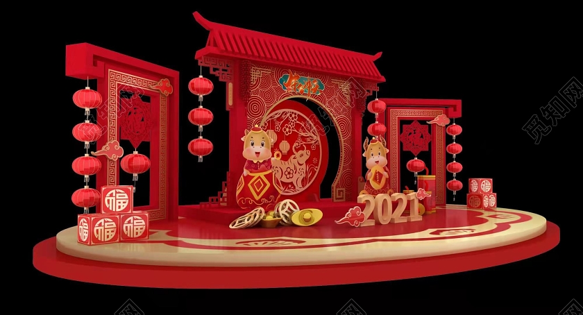 红色卡通新年美陈2021新年牛年