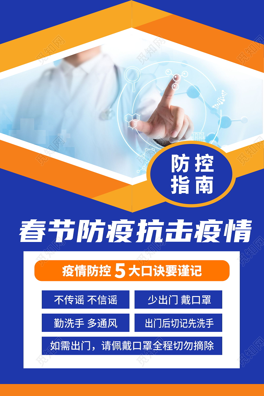 春节防疫抗击疫情5大口决蓝色清新宣传海报春节疫情