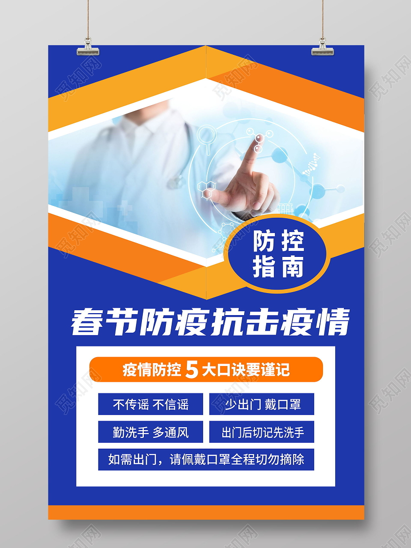 春节防疫抗击疫情5大口决蓝色清新宣传海报春节疫情