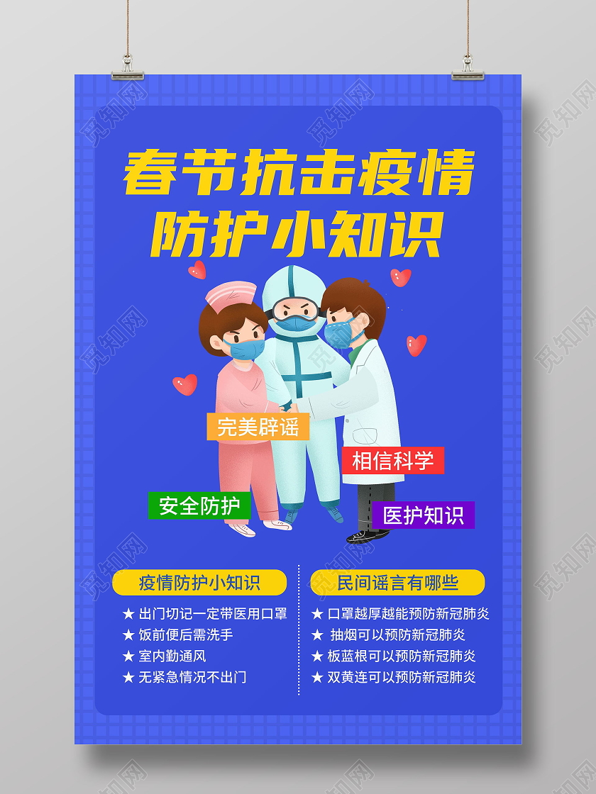 春节抗击疫情防护小知识蓝色宣传海报春节疫情