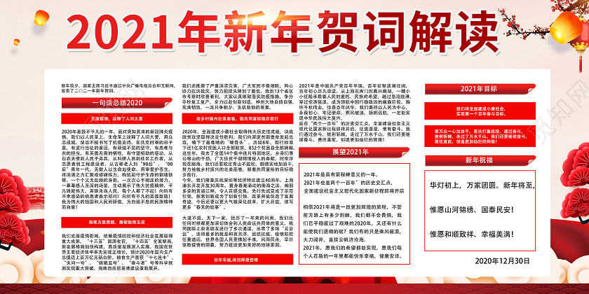 红色简约迎新年新年贺词2021新年贺词牛年新年宣传栏
