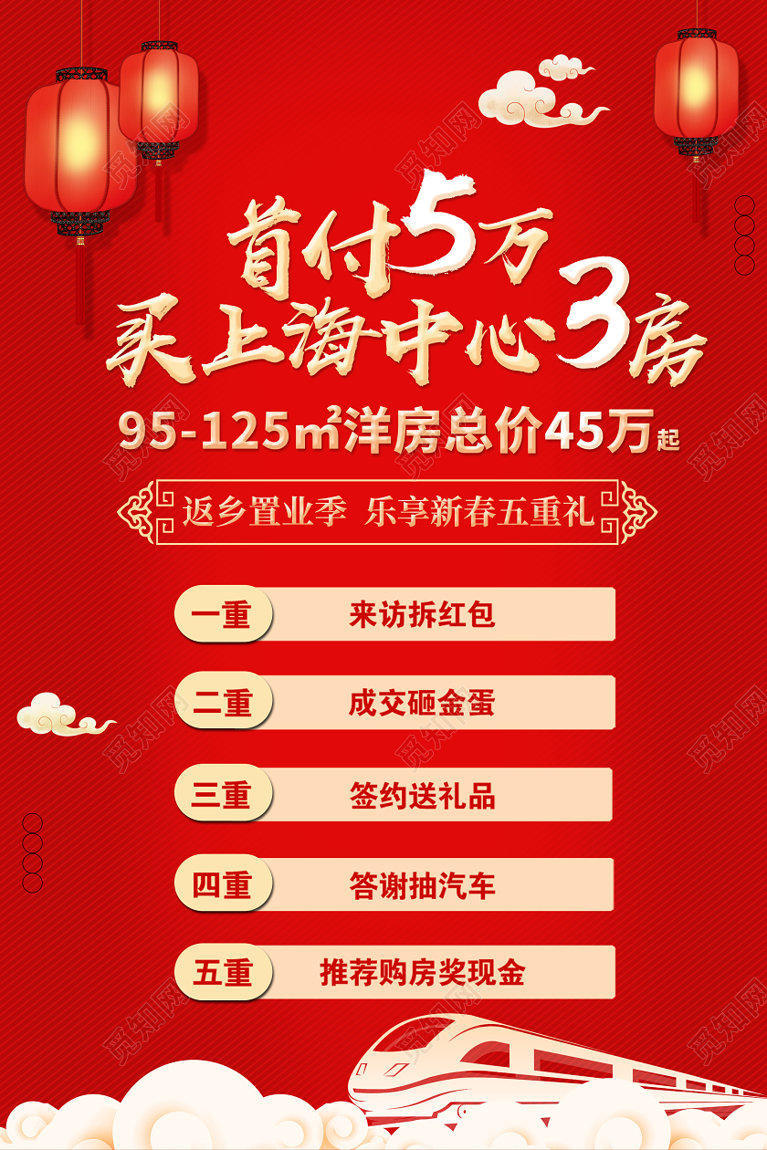 红色新年喜庆灯笼房地产返乡置业买房卖房海报宣传返乡置业春节房地产