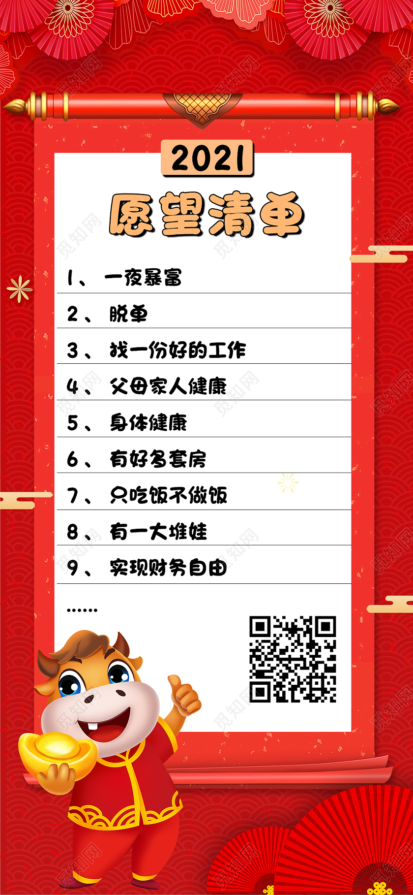 红色中国风2021愿望清单2021新年愿望手机海报