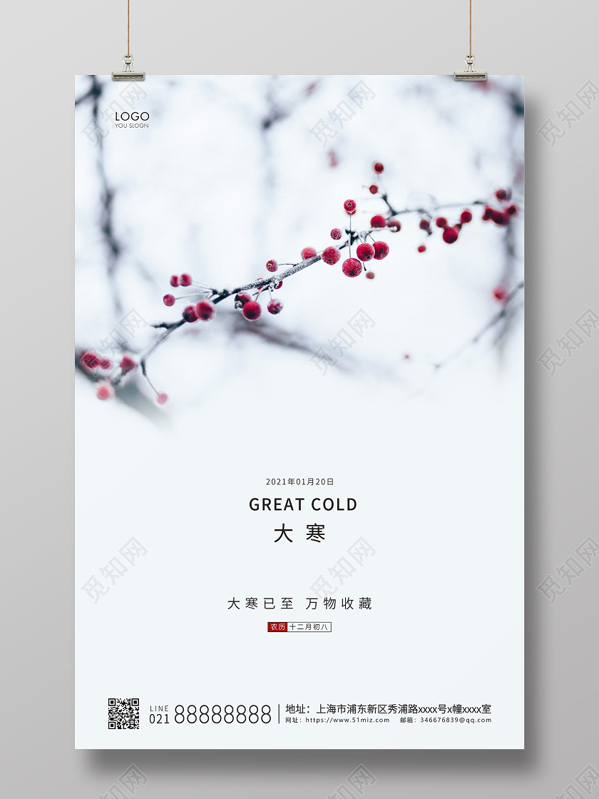 白色简约二十四节气大寒节气宣传海报