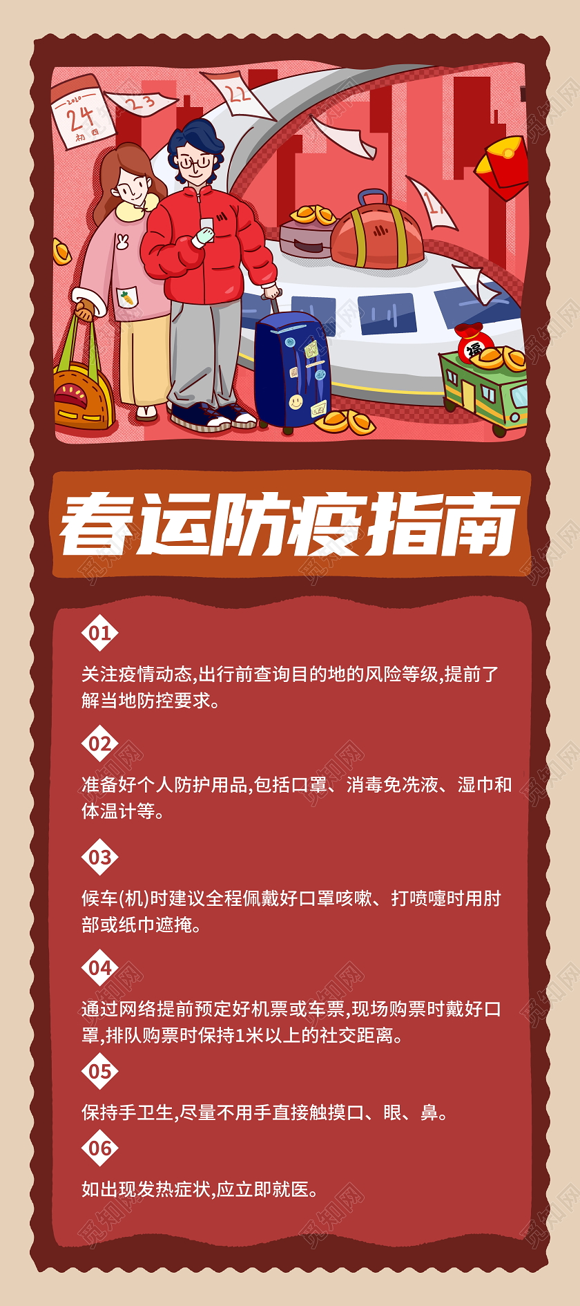 春运防疫指南红色复古邮票风宣传展架春运疫情