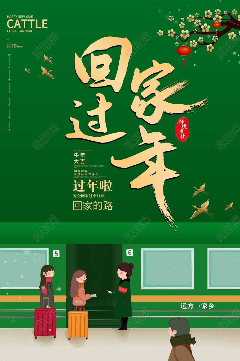 2021年绿色复古简约回家过年海报